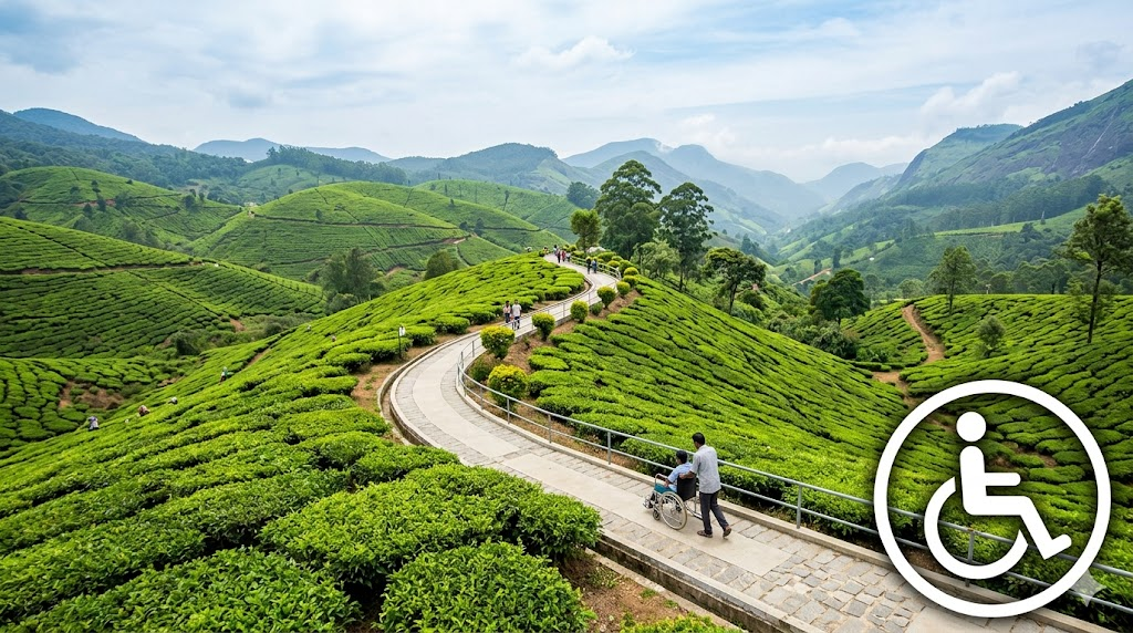 Wheelchair accessible pathway in Munnar tea gardens Kerala