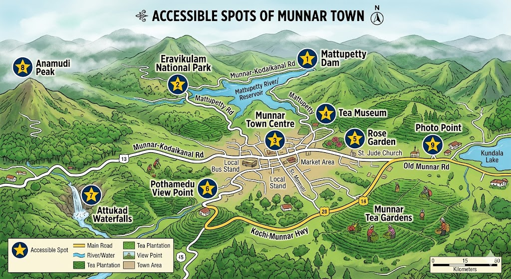 Wheelchair friendly tourist places map Munnar town
